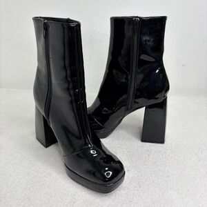Women Sz 10 M Faux Patent Leather Gogo Ankle Boots‎ Chunky Heel Platform Booties